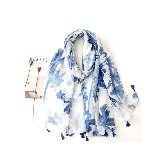 Navy Blue/White Pashmina Pattered Scarf For Women